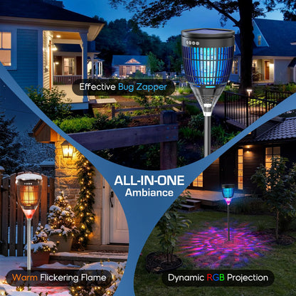 Solar Bug Zapper Outdoor, Mosquito Zapper with Flame & Projector Light Cordless Waterproof, Auto On/Off, Mosquito Trap Solar Powered, 4200V Electric Fly Zapper Killer for Patio Yard Camping Garden