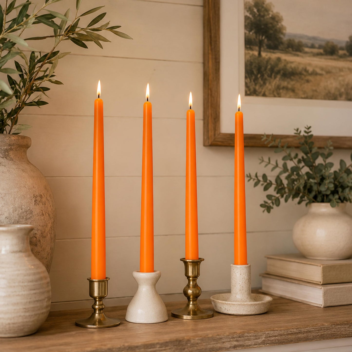 10 Inch Taper Candles Handmade Set of 4 – Unscented Tapered Candles in Orange, Candlesticks Smokeless Candle Sticks for Wedding, Home Decor, and Dinner Table
