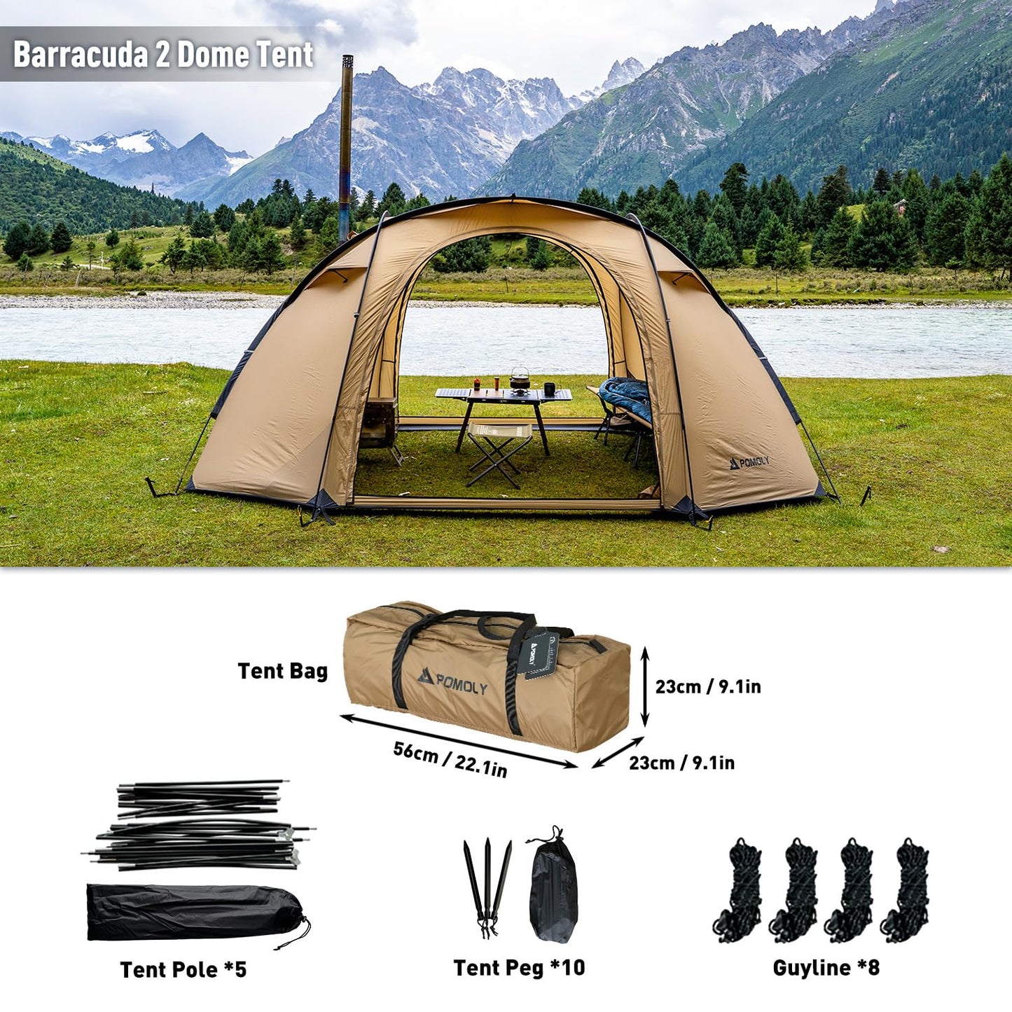POMOLY Dome Tent Freestanding Camping Hot Tent, Barracuda 2 Portable Wood Stove Tents for 1-2 Person Backpacking, Hiking