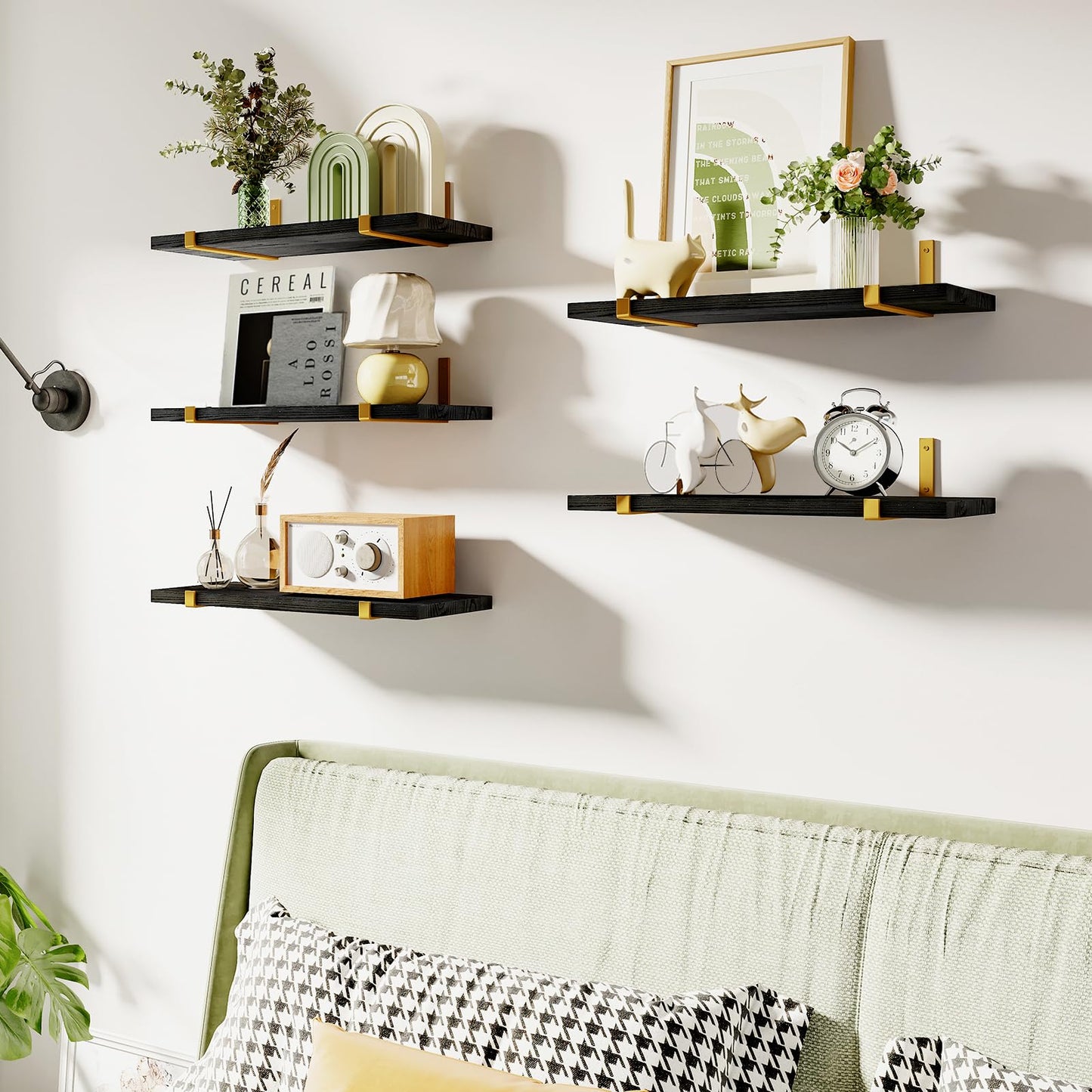 Fixwal Floating Black Gold Shelves Set of 5, Width 4.7 Inches, Rustic Wood Wall Storage Shelves for Bedroom, Living Room, Kitchen, Bathroom, Home Decor, Laundry Room, Office and Plants
