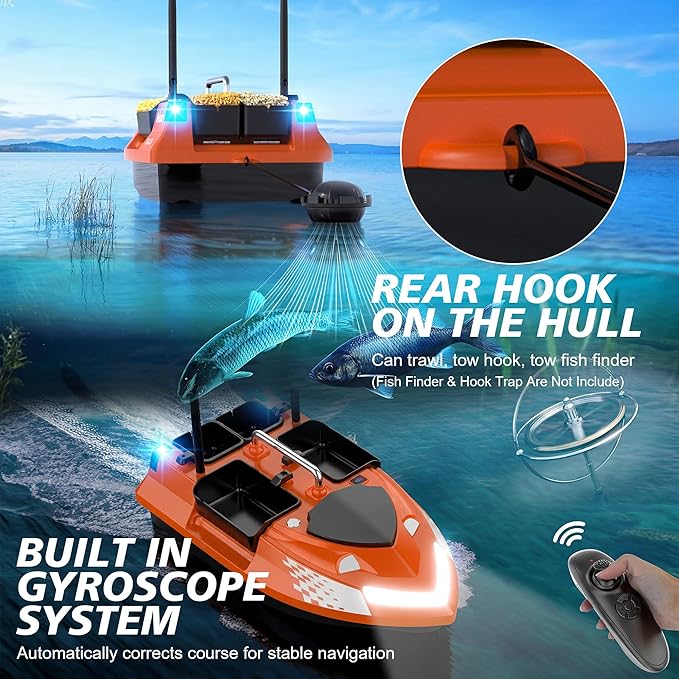 RC Bait Boat with Line Drop for Adult Cruise Control 4 Bait Slot 6.6LBS Loading 12000mAh Battery and Dual Motors 1640FT Range Remote Control Fish with LED Light Hook Release &amp Backpack(Orange