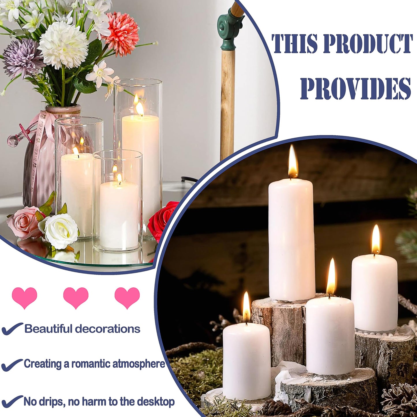 Veiuwa 36 Pcs White Pillar Candles Bulk Set，2x3 2x6 2x8 Inch - 12 Each Size，Hurricane Candles，Dripless Unscented Smokeless，Gives You a Better Atmosphere When Organizing an Event Party.