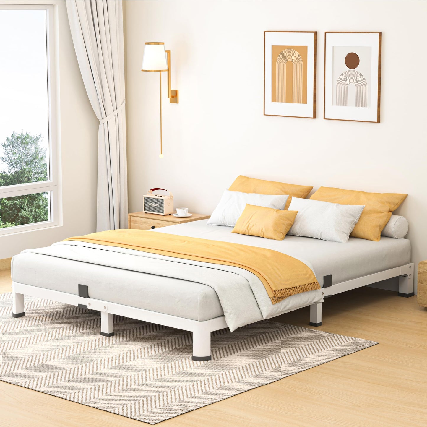 7 Inch Queen Bed Frame, Metal Platform Bed Frame with Round Corner Legs, 3500 lbs Heavy Duty Steel Slats Support, No Box Spring Needed, Noise Free, Easy Assembly, White