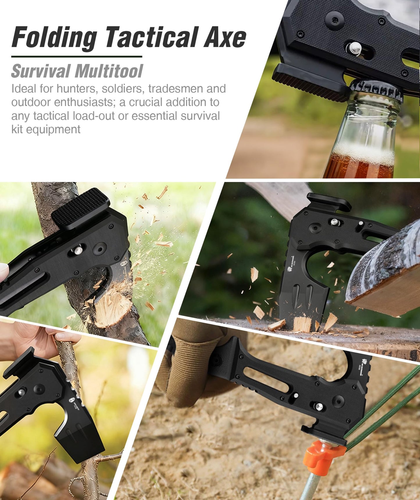 HX OUTDOORS 2-Pcs Survival Kit: DC53 Steel Full Tang Camping Knife with Kydex Sheath & Folding Multitool Hatchet with Hammer, Heavy Duty Bushcraft Gear for Hiking & Emergency
