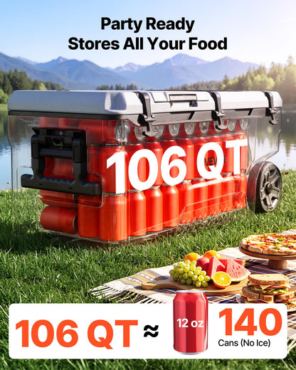 VEVOR Hard Cooler, 106QT Portable Rolling Cooler with Wheels, Leak-Resistant Coolbox Keeps Contents Cool for 48 Hours, Ice Retention Insulated Chests, Ultra-Light for Outdoor Picnics, Grill, Camping