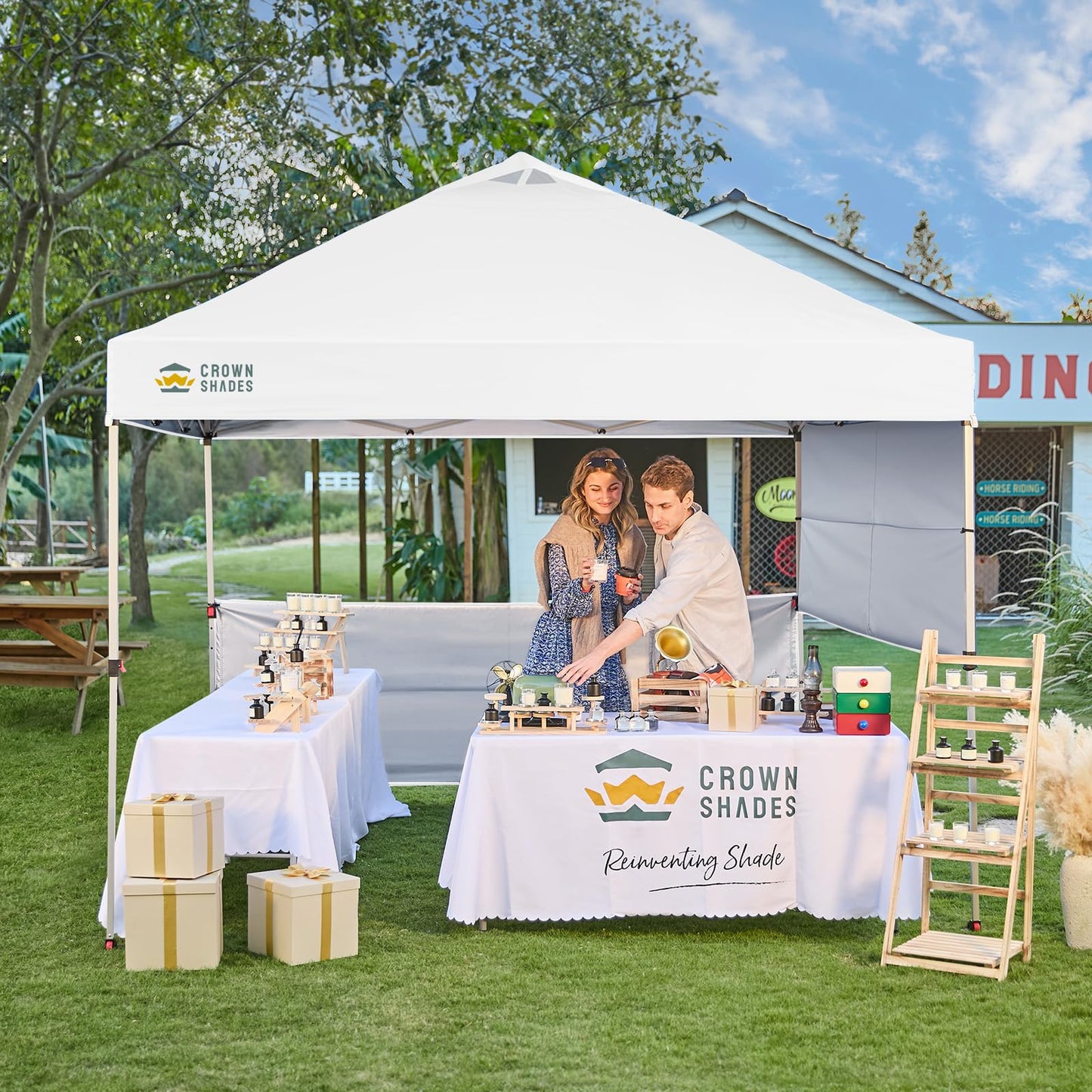 CROWN SHADES 10x10 Pop up Canopy Tent Instant Canopy with 150D Silver Coated Fabric Including 2 Half Sidewalls, 4 Ropes, 8 Stakes, 4 Weight Bags, STO-N-GO Bag, Grid White