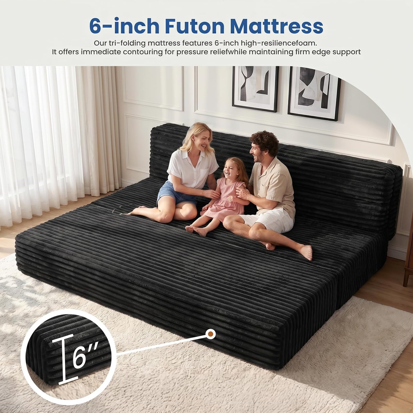 Tri-Fold Futon Sofa Bed, 6 Inch Foldable Floor Couch, High-Density Foam Convertible Sleeper Sofa with Removable Washable Corduroy Cover, Portable Floor Mattress for Living Room Bedroom Dorm RV Camping