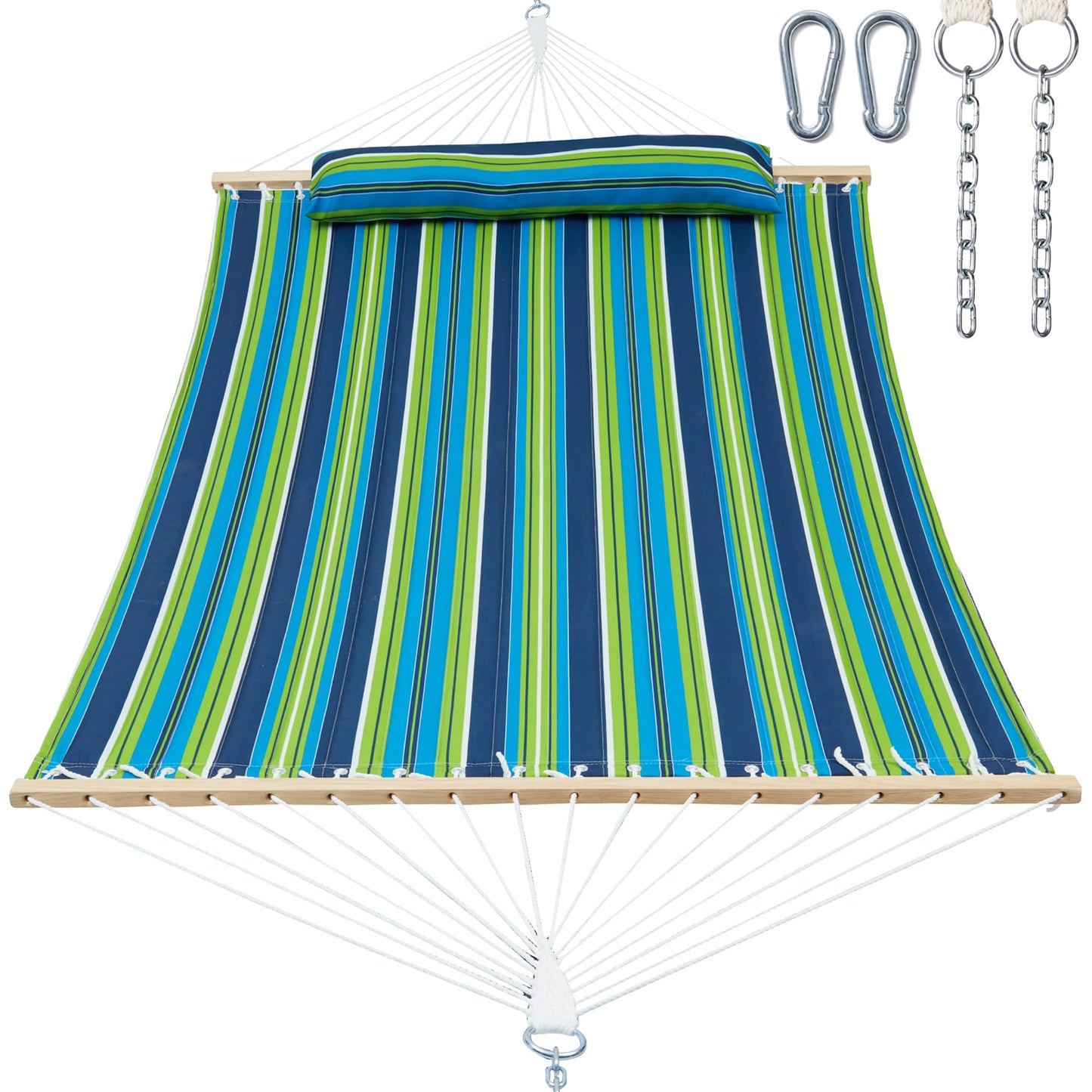 GAFETE Hammock 2 Person Quilted Fabric Hammocks for Outside, Double 12ft Hammocks with Spreader Bar, Large Removable Pillow, Storage Bag, Carabiners, Max 475 lbs Capacity (Garden)