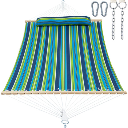 GAFETE Hammock 2 Person Quilted Fabric Hammocks for Outside, Double 12ft Hammocks with Spreader Bar, Large Removable Pillow, Storage Bag, Carabiners, Max 475 lbs Capacity (Garden)
