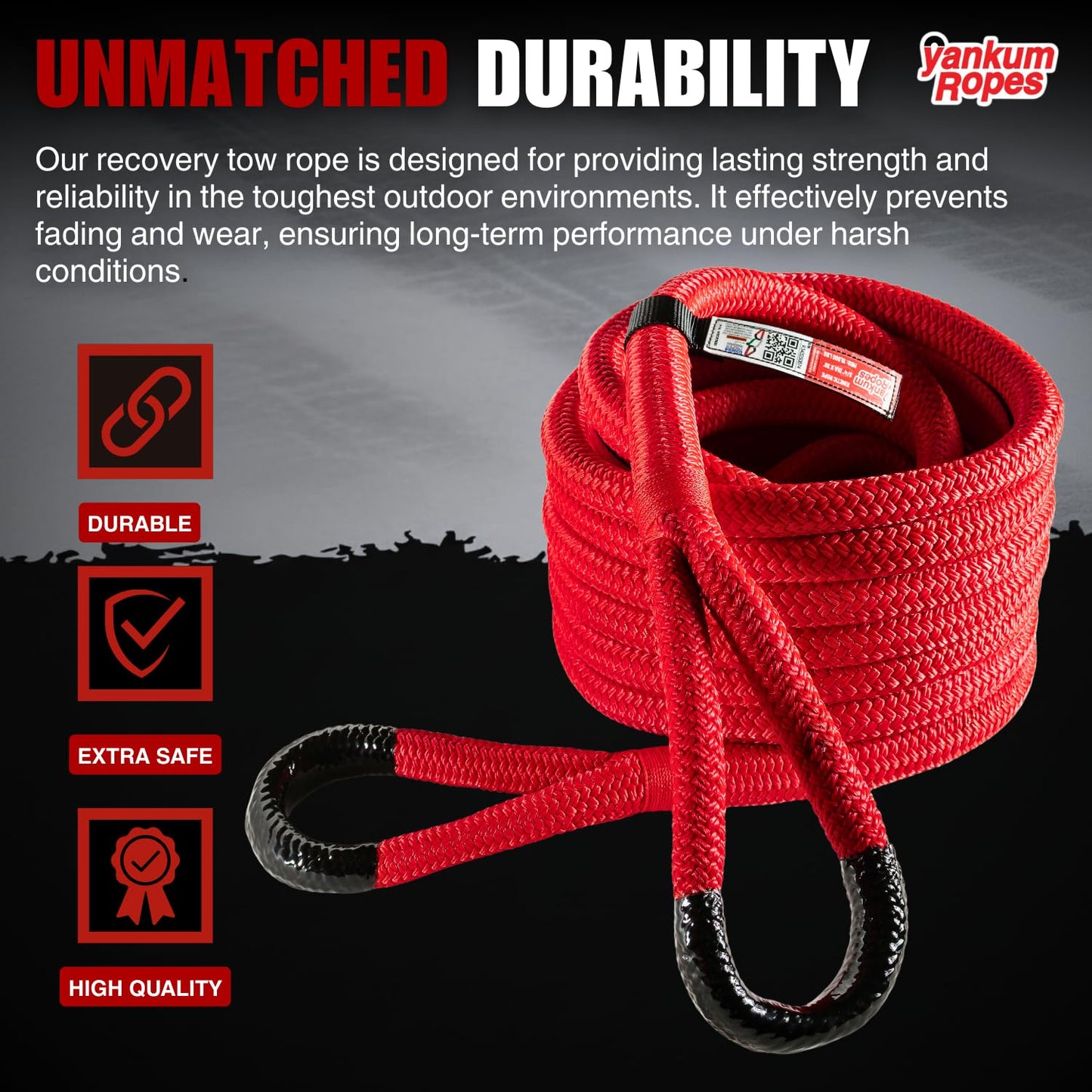 Yankum Kinetic Recovery Rope - Heavy Duty 3/4" x 30' Tow Rope, Off-Road & Vehicle Recovery Kit, Kinetic Energy Snatch Strap, Soft Shackles for 4x4, Jeep, and Trucks, Made in USA – Rubber Boa Series