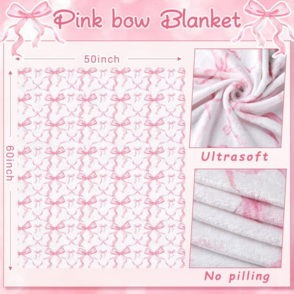 Buryeah Pink Bow Throw Blanket 50"x60" Ultra Soft Flannel Coquette Aesthetic Blanket for Girls Women Preppy Room Decor for Bed Sofa Spring Wedding Mother's Day Graduation Back to School Gift