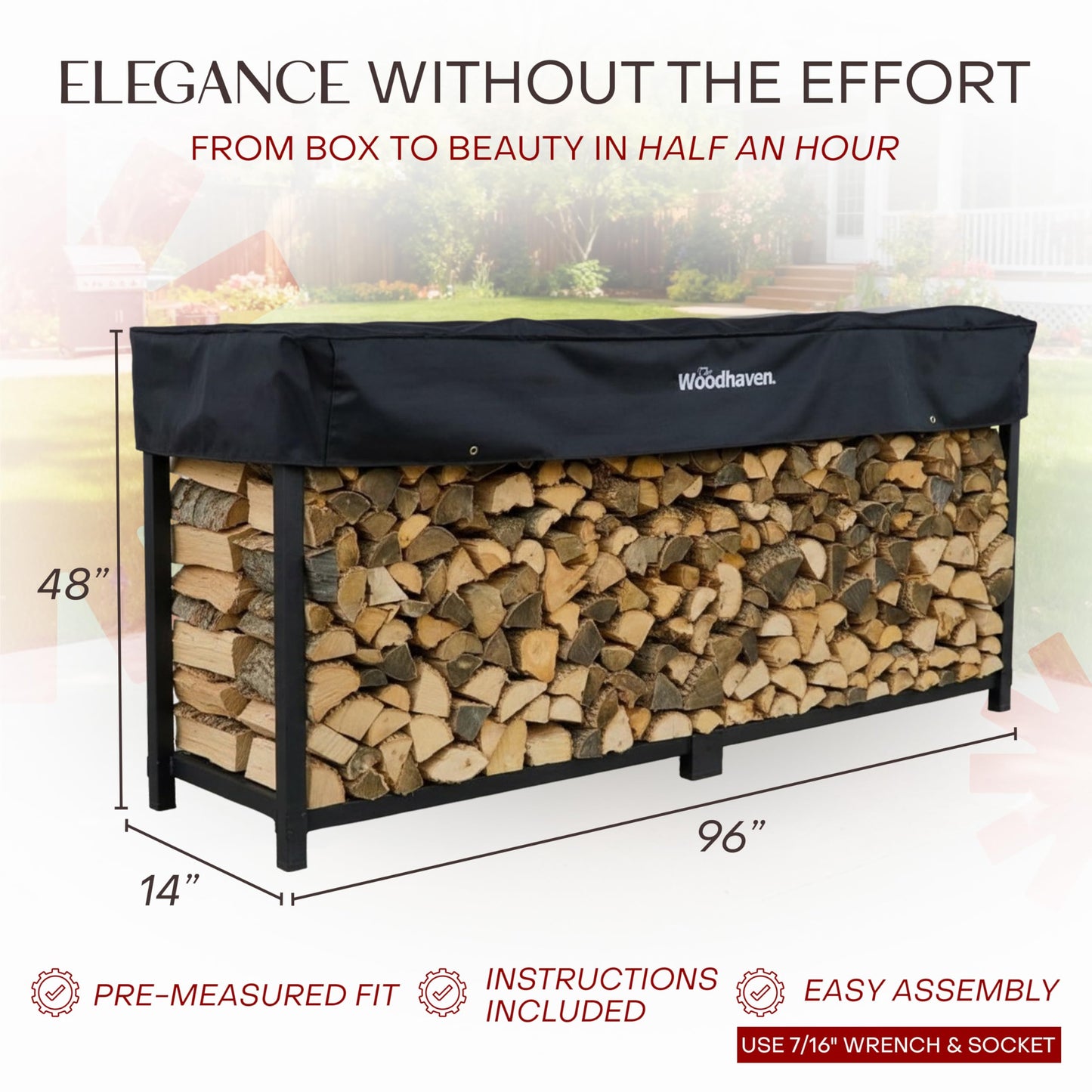 Woodhaven 8-Foot Firewood Rack – American Brand – 1/2 Cord Raised Lumber Storage Rack – Keeps Wood Dry & Ready – Heavy-Duty Steel, Lifetime Structural Warranty (With Cover)