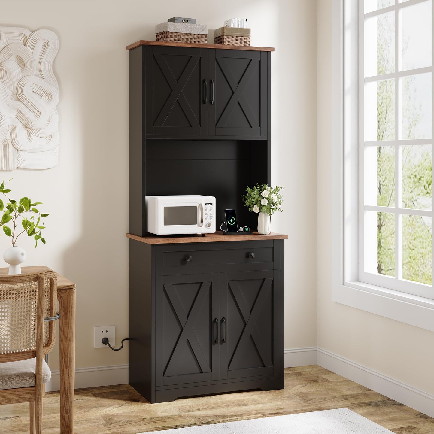 GarveeLife 71" Pantry Cabinet with Charging Station, Tall Kitchen Pantry Storage Cabinet with Microwave Stand, Large Farmhouse Kitchen Hutch with Cabinet Doors & Drawer for Living Room, Dining Room