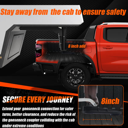 FlexHitch 8" Offset Gooseneck Hitch Extender, Square Base Gooseneck Ball, Heavy Duty Reinforcing Ribs Structure, More Safe Way to Tow a Gooseneck Trailer, 4PCS Anti-tilt PU Washer Included