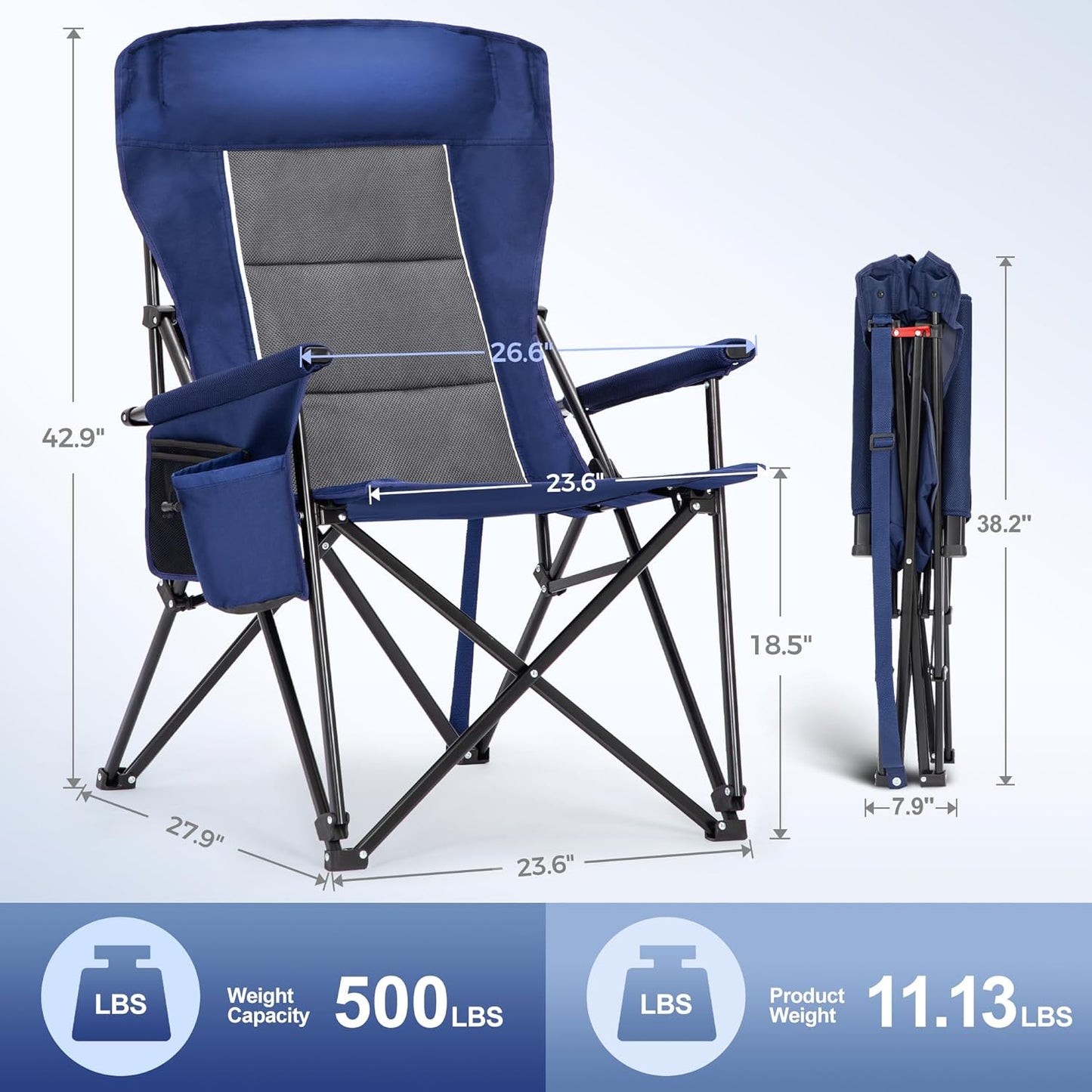 LET'S CAMP Oversized Camping Chairs - Heavy Duty 500LBS Support | Portable Collapsible Design, 2 Pack (Blue)