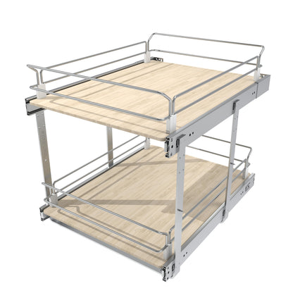 2 Tier Pull Out Cabinet Organizer 15" W X 22" D, Slide Out Drawers For Kitchen Cabinets, Pull Out Drawers For Cabinets Capacity Heavy Duty Caddy, Cabinet Pullout Shelves Wood Chrome, Pantry Storage