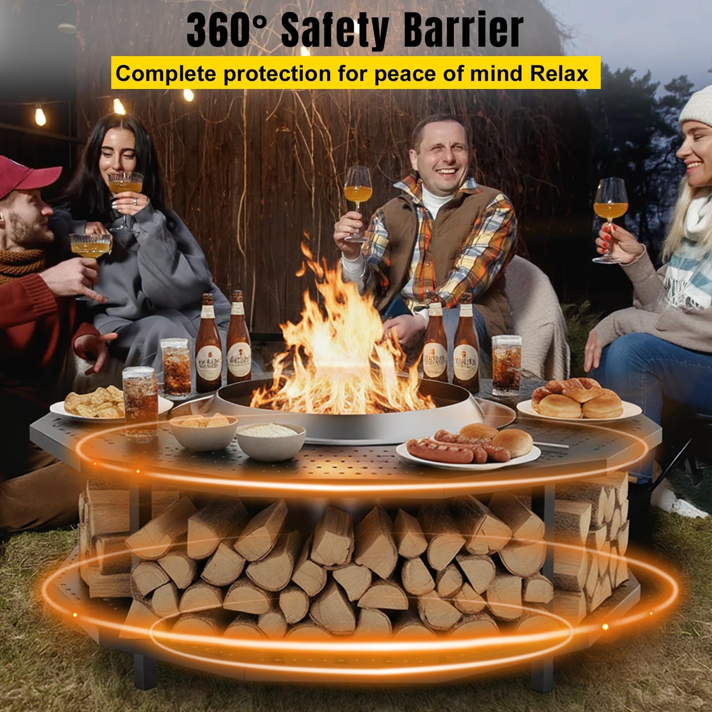 48" Fire Pit Surround Tabletop for Solo Stove Yukon Portable Protective Barrier for Wood Burning Fire Pits Outdoor Bonfire Fire Pit with Firewood Storage Shelf
