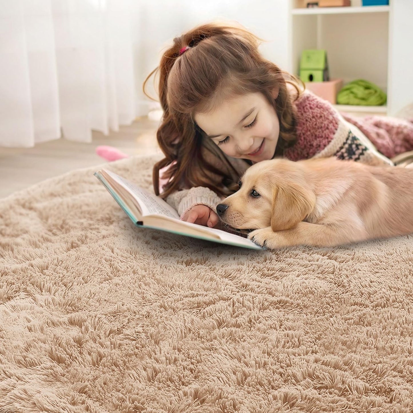 OLANLY Round Beige Area Rug - Soft, Fluffy, Machine Washable 4 ft Circle Carpet for Bedroom & Living Room