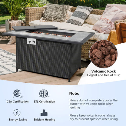 COSTWAY 52" Patio Propane Fire Pit Table, 50,000 BTU Outdoor Fire Table, Electric Pulse Ignition, Marble Tabletop & Weatherproof Rattan, Protective Cover Included, Perfect for Backyard, Poolside