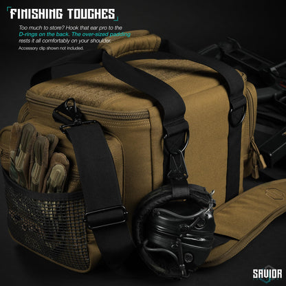 Savior Equipment Specialist Series Tactical Triple Pistol Shooting Range Hunting Duffle Bag Gun Carrying Case, Rigid Compartment Frame, Lockable Zippers (Dark FDE, 18" x 9" x 12" Range Bag)
