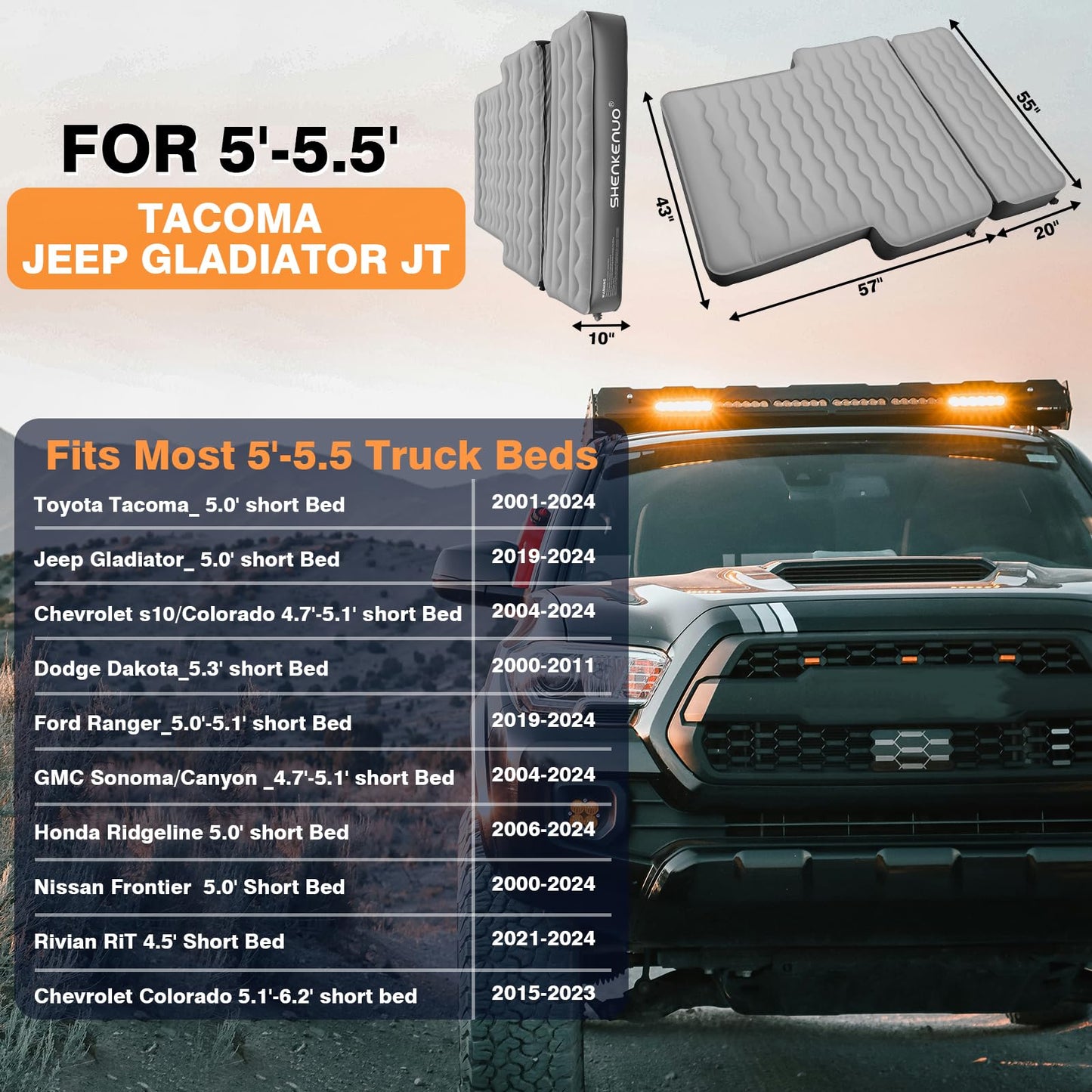 Inflatable Truck Bed Air Mattress for Tacoma (2001-2024) & Jeep Gladiator JT (2019-2024) | 5ft-5.5ft Camping Mattress with 600lbs Capacity, 300D Oxford Fabric, Anti-Slip Design for Truck Bed Camping