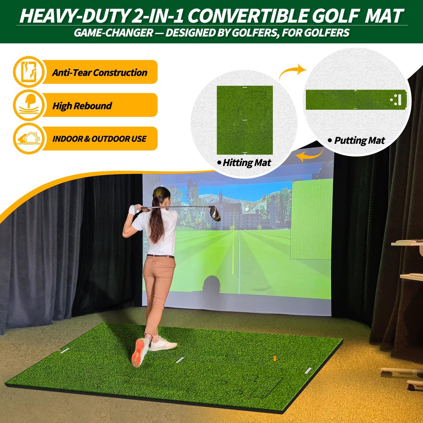6x4.8ft Golf Hitting Mat for Indoor Outdoor Practice, High-Elasticity Golf Practice Driving Range Turf Mat, Convertible 2IN1 Golf Hitting & Putting Mat for Garage Simulator Training, Gifts for Men/Dad