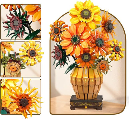 Sunflower Building Set with Lights Vase Base Flowers Botanical Collection Building Block Valentine's Day 1180PCS Art Bouquet Bonsai Plant Building Kit Gift for Adults Teens Girls Boys 12+