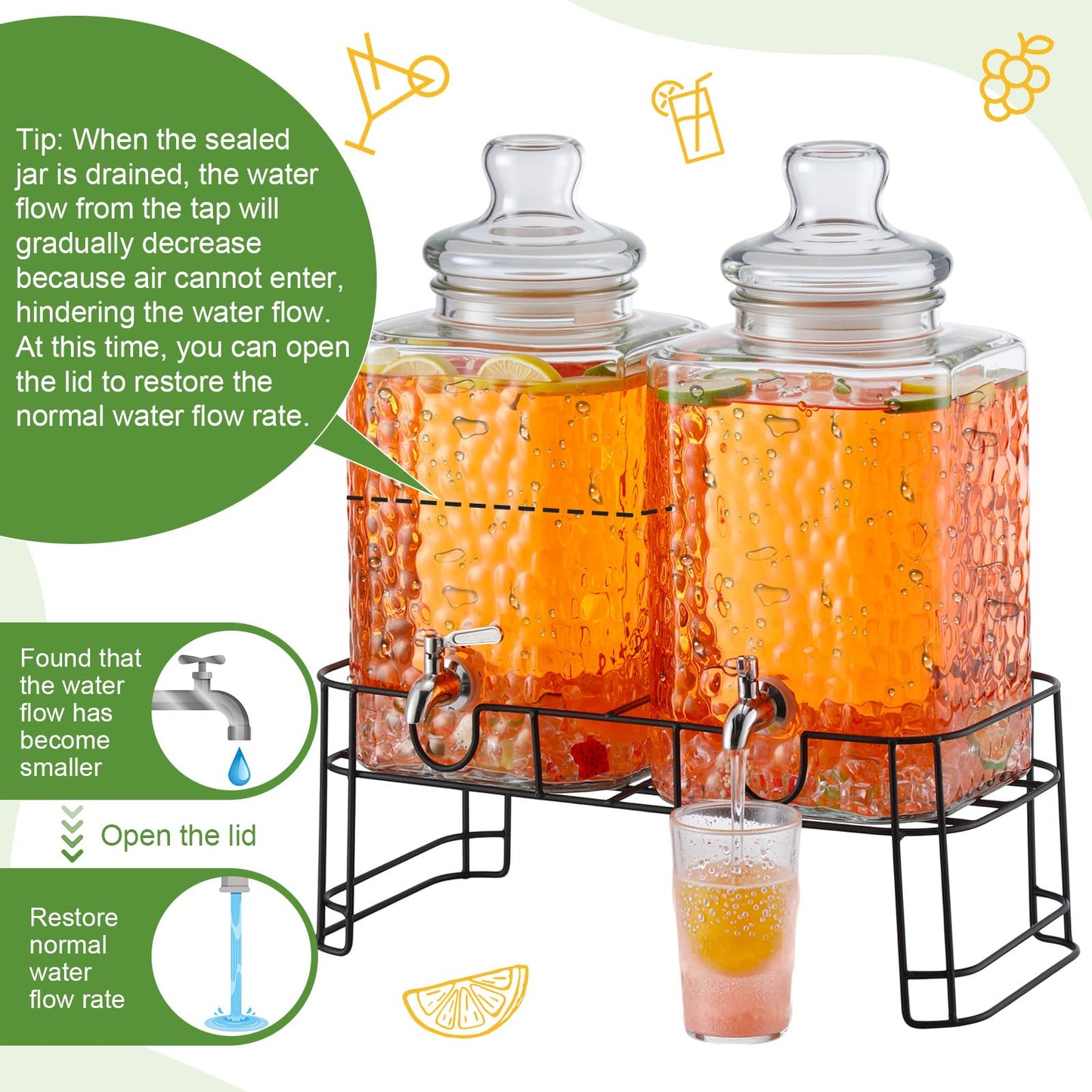 Honeydak 2.6 Gallon Glass Beverage Dispenser with Stand Stainless Steel Spigot Glass Lid Clear Iced Juice Container Leakproof Drink Dispenser Countertop Lemonade Water Jar for Wedding Party (2 Pack)