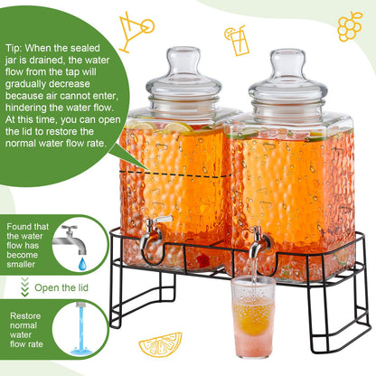 Honeydak 2.6 Gallon Glass Beverage Dispenser with Stand Stainless Steel Spigot Glass Lid Clear Iced Juice Container Leakproof Drink Dispenser Countertop Lemonade Water Jar for Wedding Party (2 Pack)