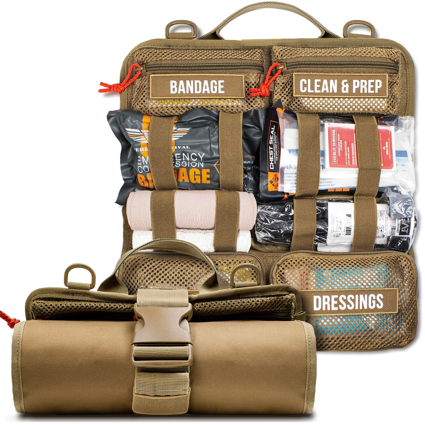 EVERLIT Roll Up Trauma First Aid Kit with CAT Tourniquet-Tactical IFAK Emergency Medical Kit for Outdoor, Vehicle & Home Preparedness-Quick Release Molle Bag for First Responders (Coyote Brown)