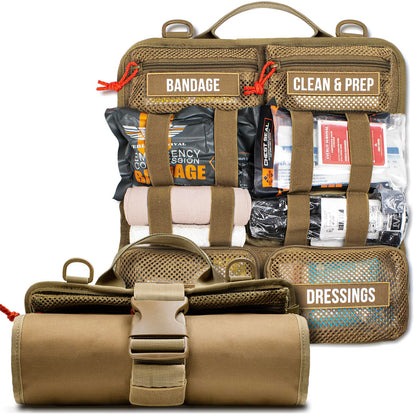 EVERLIT Roll Up Trauma First Aid Kit with CAT Tourniquet-Tactical IFAK Emergency Medical Kit for Outdoor, Vehicle & Home Preparedness-Quick Release Molle Bag for First Responders (Coyote Brown)