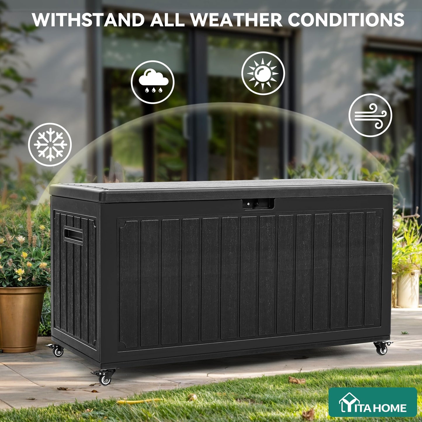 YITAHOME 90 Gallon Outdoor Storage Box with 6 Wheels, Large Double-Wall Resin Deck Box, Lockable Waterproof Outside Storage for Patio Furniture, Cushion, Pool Float, Garden Tool, Black