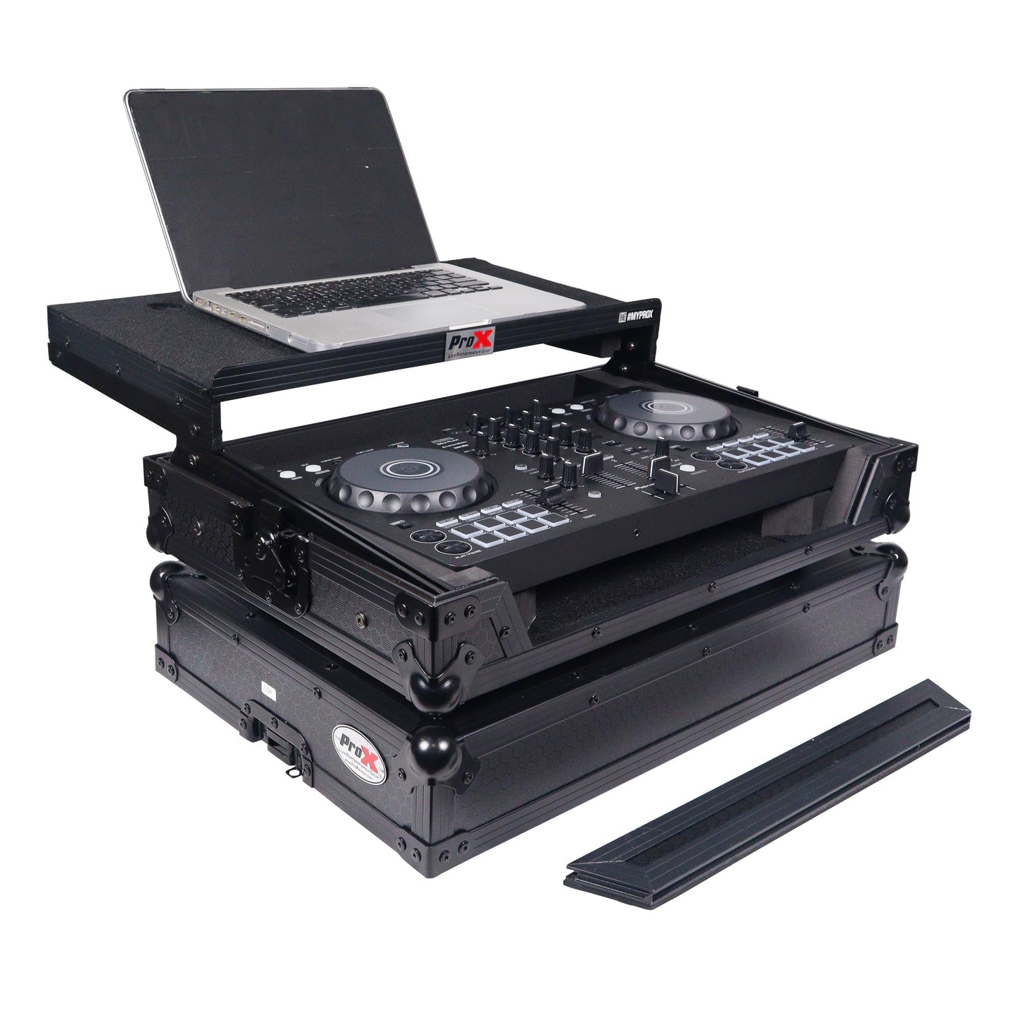 ProX X-DDJFLX4LTBL ATA DJ Controller Flight Case with Laptop Shelf, Fits DDJ-FLX4 DDJ-SB3 DDJ-400, Black Honeycomb Finish, Heavy Duty Road Case with Cable Space
