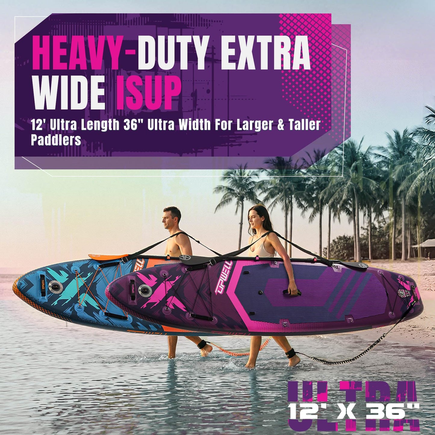 UPWELL 12'×36" Extra Wide Inflatable Paddle Board, 2+1 Stand Up Paddle Board with Kayak Seat, Sup Paddle Boards for Adults, Twilight Pulse