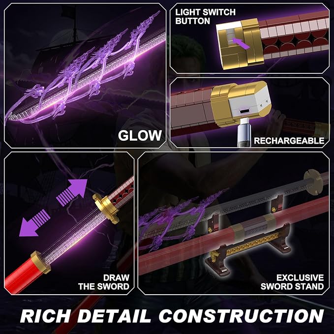 Mould King Zoro Sword Building Set - 41.7 Rechargeable LED Lightsaber with Display Stand DIY Assembly STEM Model Kit for Adults Creative Collectible Sci-Fi Toy &amp Cosplay Gift Idea (1832+ PCS)