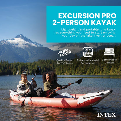 INTEX 68309EP Excursion Pro K2 Inflatable Kayak Set: Includes Deluxe 86in Kayak Paddles and High-Output Pump – SuperTough PVC – Adjustable Bucket Seat – 2-Person – 400lb Weight Capacity