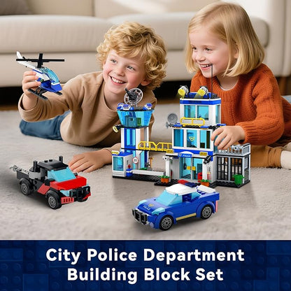 City Police Station Building Block Set with Light 634 PCS HQ Station Kits with Helicopter Police Car and Motorcycle. Ideal as a Birthday Holiday Collectible Gift for 6+ Fans Boys and Girls
