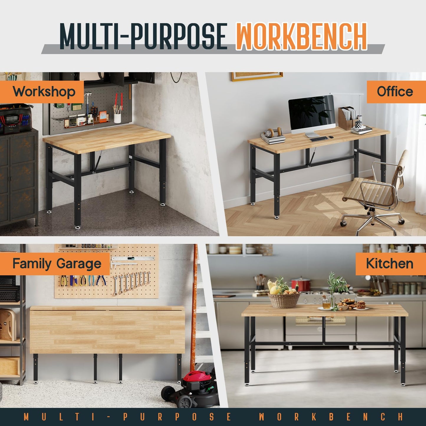 SPECRAFT 60" Folding Workbench, Adjustable Foldable Workbench with 2000 LBS Capacity, 30.7"-40" Height, Rubber Wood Top for Garage, Workshop, Office