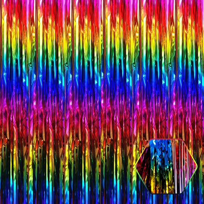3 Pack Rainbow Foil Fringe Curtain Backdrop, 3.28Ft x 8.2Ft Metallic Tinsel Foil Fringe Streamer Curtains for Photo Booth, Christmas Day, Thanksgiving, Wedding, New Year Party Decorations