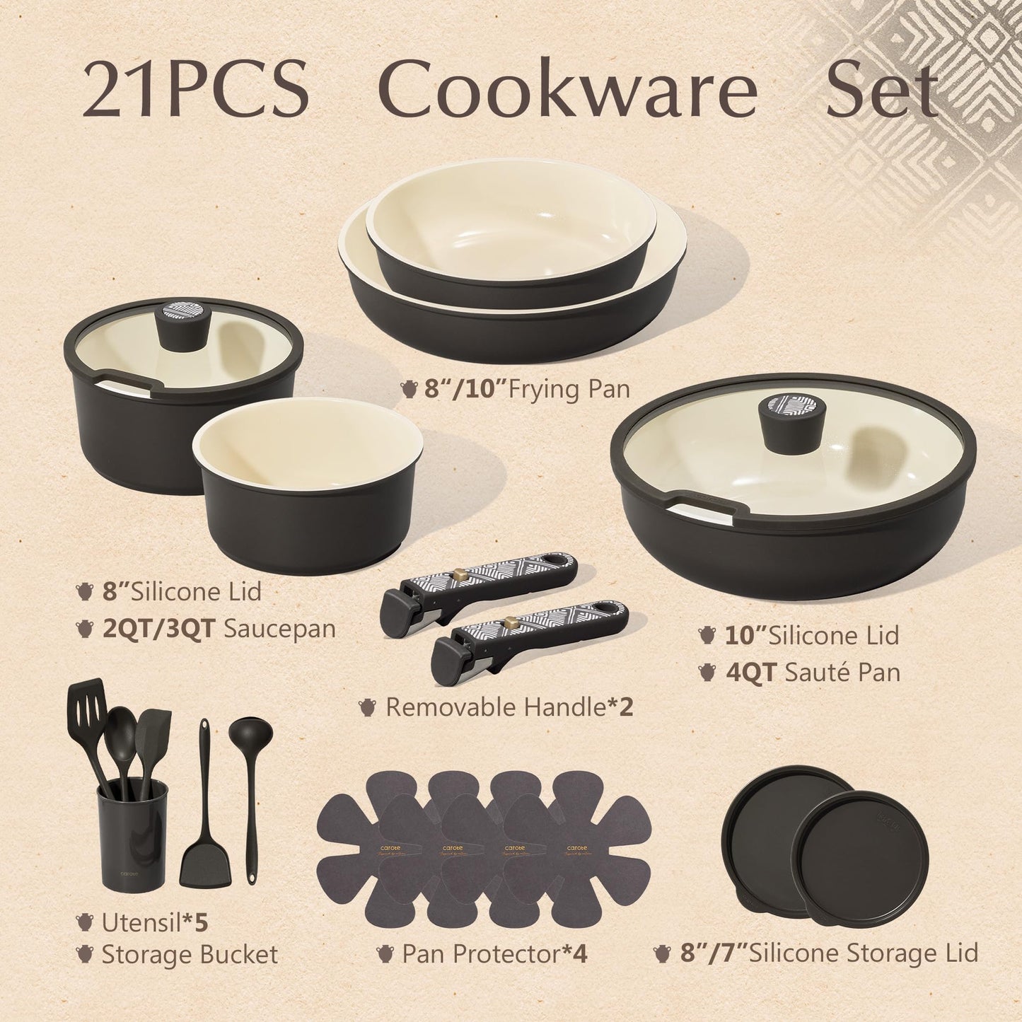 CAROTE 21-Piece Ceramic Cookware Set, Nonstick Pots and Pans Set with Detachable Handle, Non-Toxic Kitchen Cooking Set, Induction Compatible, Dishwasher & Oven Safe, Charcoal