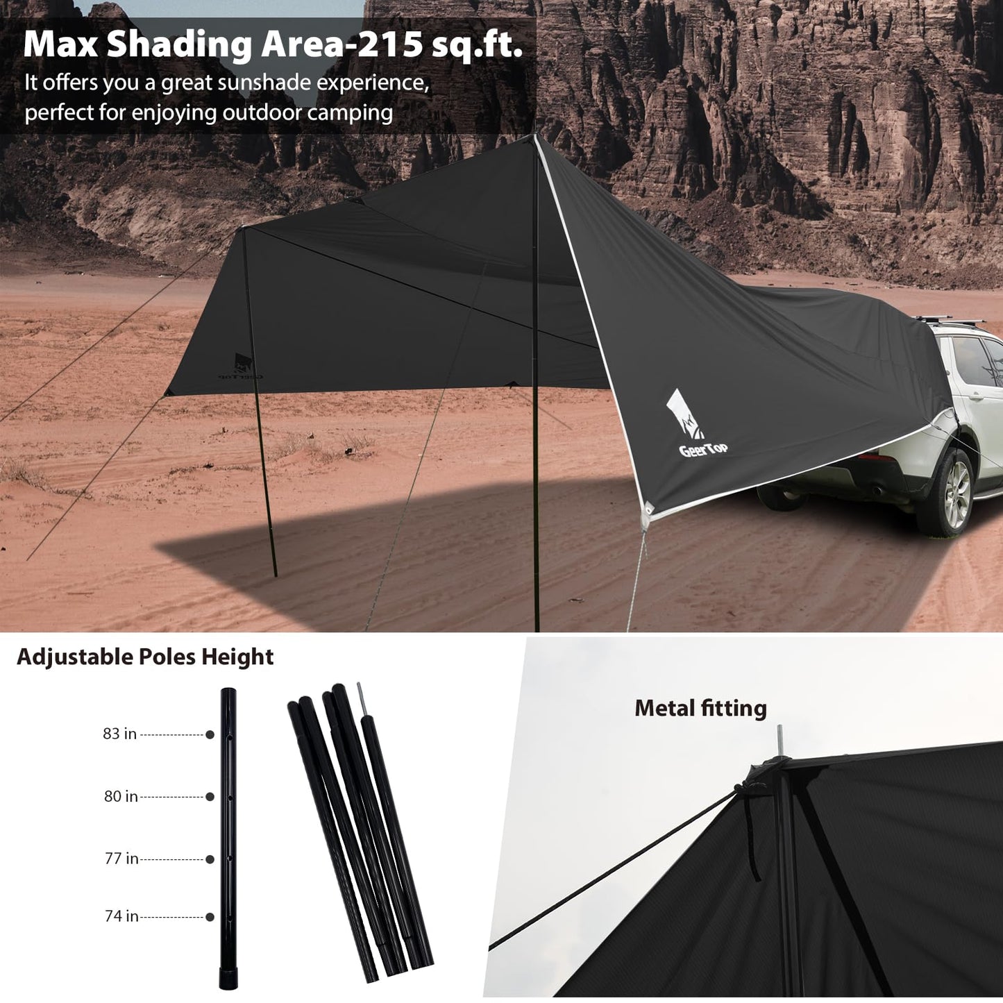 GEERTOP Large Camping Tarp Shelter SUV Tailgate Car Awning Canopy Waterproof Lightweight Outdoor Rear Vehicle Sun Shade for Van, MPV, Campers