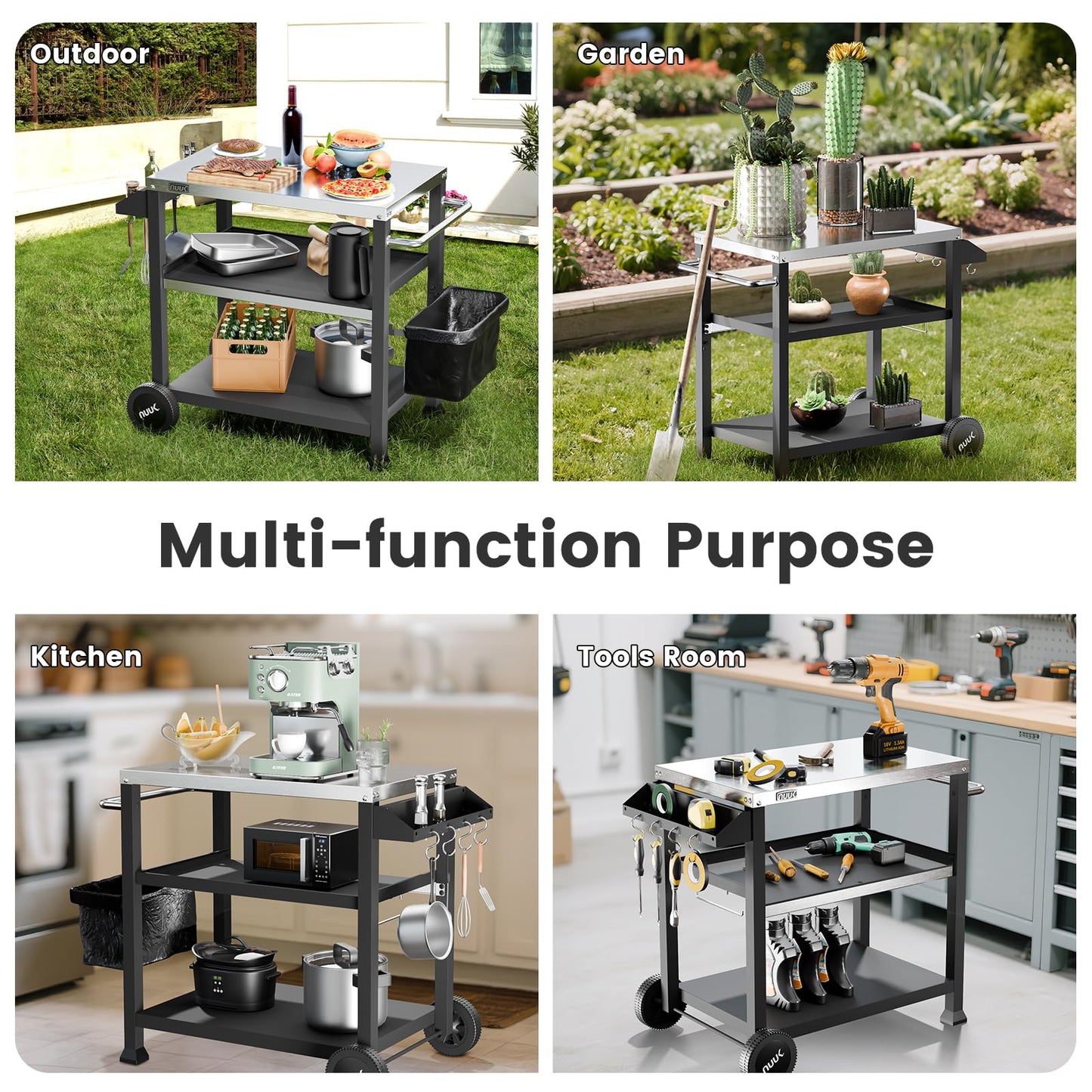 NUUK 3-Shelf Grill Cart for Outdoor with Stainless Steel Top – 20" x 32" Movable Pizza Oven Stand with Wheels Kitchen Prep Table BBQ Cart Worktable