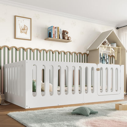 GDFStudio Twin Size Montessori Floor Bed with Door, Solid Wood Kids Floor Bed Frame, Low Profile No Box Spring Needed, House Style Design, Sturdy Slat Support, Light White Finish