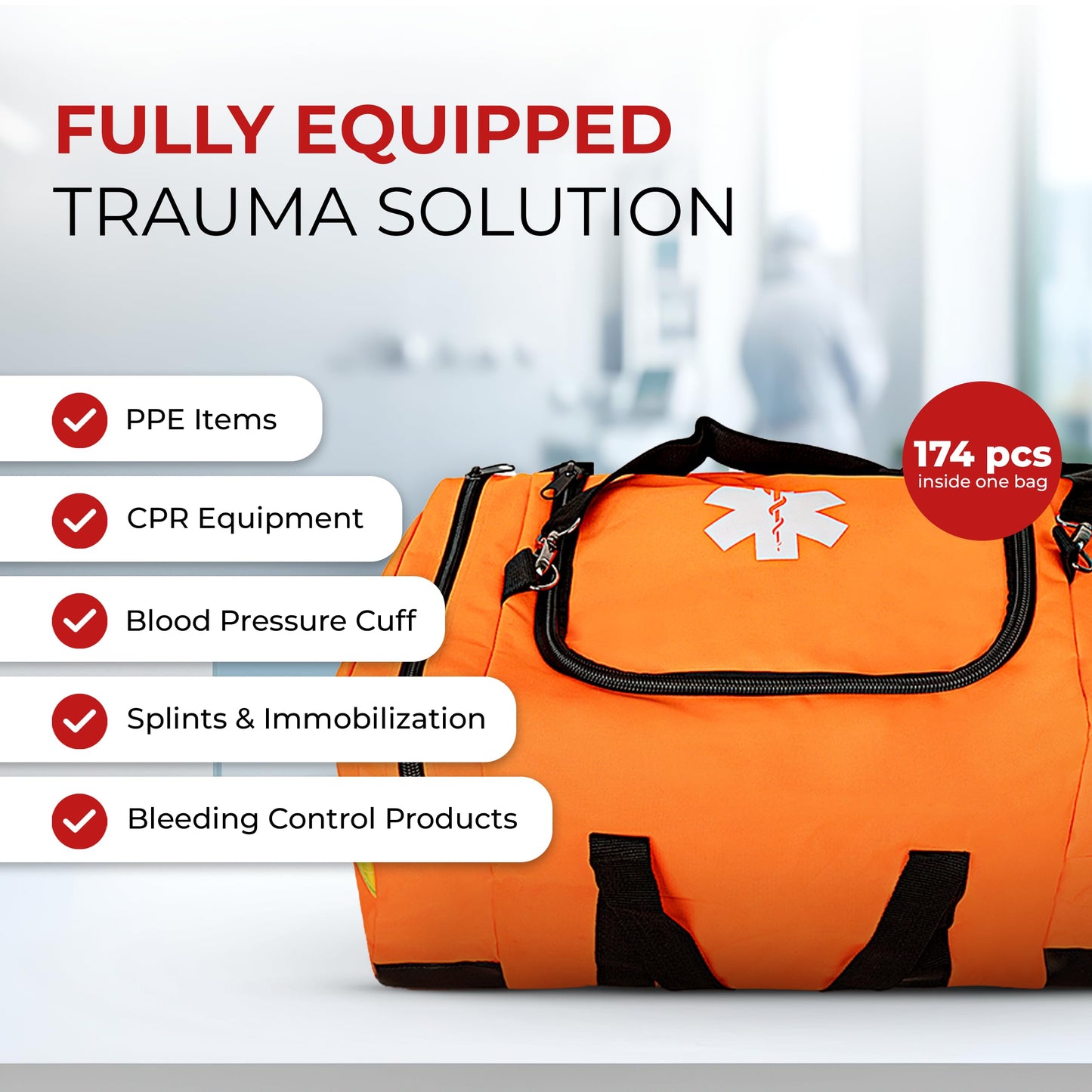 Large EMT Trauma Bag – Fully Stocked First Aid Kit with Tourniquet, Gauze, CPR Mask, Trauma Shears & Emergency Medical Supplies – Orange