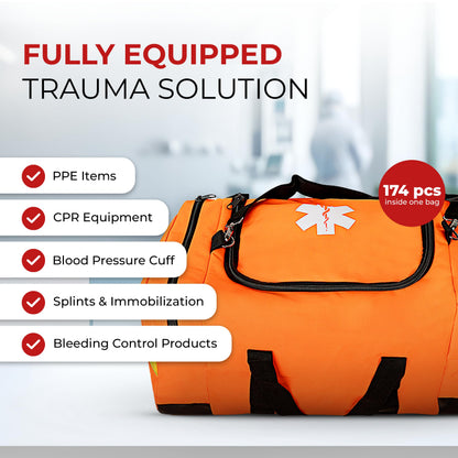 Large EMT Trauma Bag – Fully Stocked First Aid Kit with Tourniquet, Gauze, CPR Mask, Trauma Shears & Emergency Medical Supplies – Orange