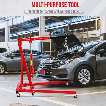 EliteEdge 2 Ton Hydraulic Engine Hoist, 4400LB Folding Cherry Picker Shop Crane Hoist Lift with 6 Casters & Telescopic Boom for Lifting Motor, Garage, Workshop and Factory, Heavy Duty, Red