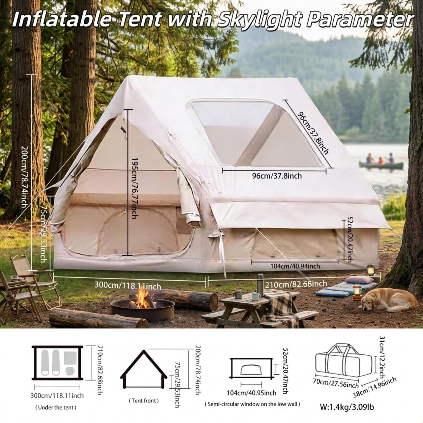 Glamping Air Tent for 4-6 Person, Quick Inflation, Large Skylight, Mosquito-Proof Ventilation Privacy Curtains on Both Sides, Ideal for Family Camping Gathering Camping Holiday Camping Outdoor Camping