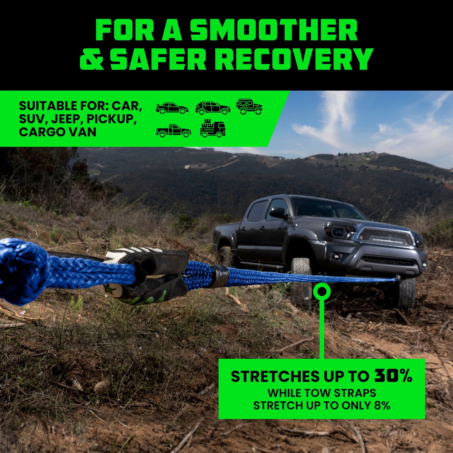 Rhino USA Kinetic Rope Recovery Kit (7/8in x 30ft) - Heavy Duty Offroad Snatch Strap - Includes 2 Soft Shackle for UTV, ATV, Truck, Car, Jeep, Tractor