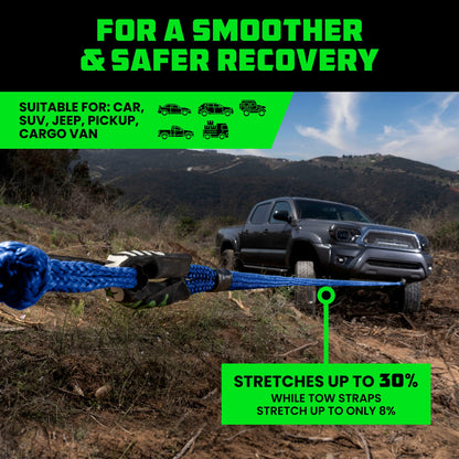 Rhino USA Kinetic Rope Recovery Kit (7/8in x 30ft) - Heavy Duty Offroad Snatch Strap - Includes 2 Soft Shackle for UTV, ATV, Truck, Car, Jeep, Tractor