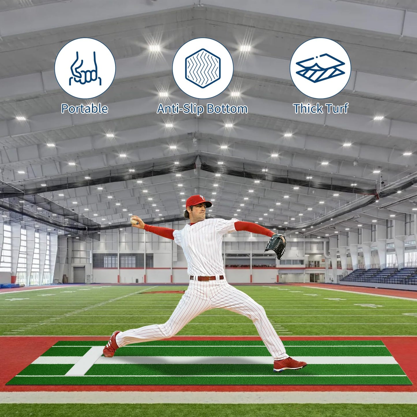 10x3 ft Professional Softball Pitching Mat with Power Line, Heavy Duty Non-Slip Rubber Base & Dense Turf, Portable Softball Pitching Mound for Indoor Outdoor Training Lane, Ideal Practice Aid, Green